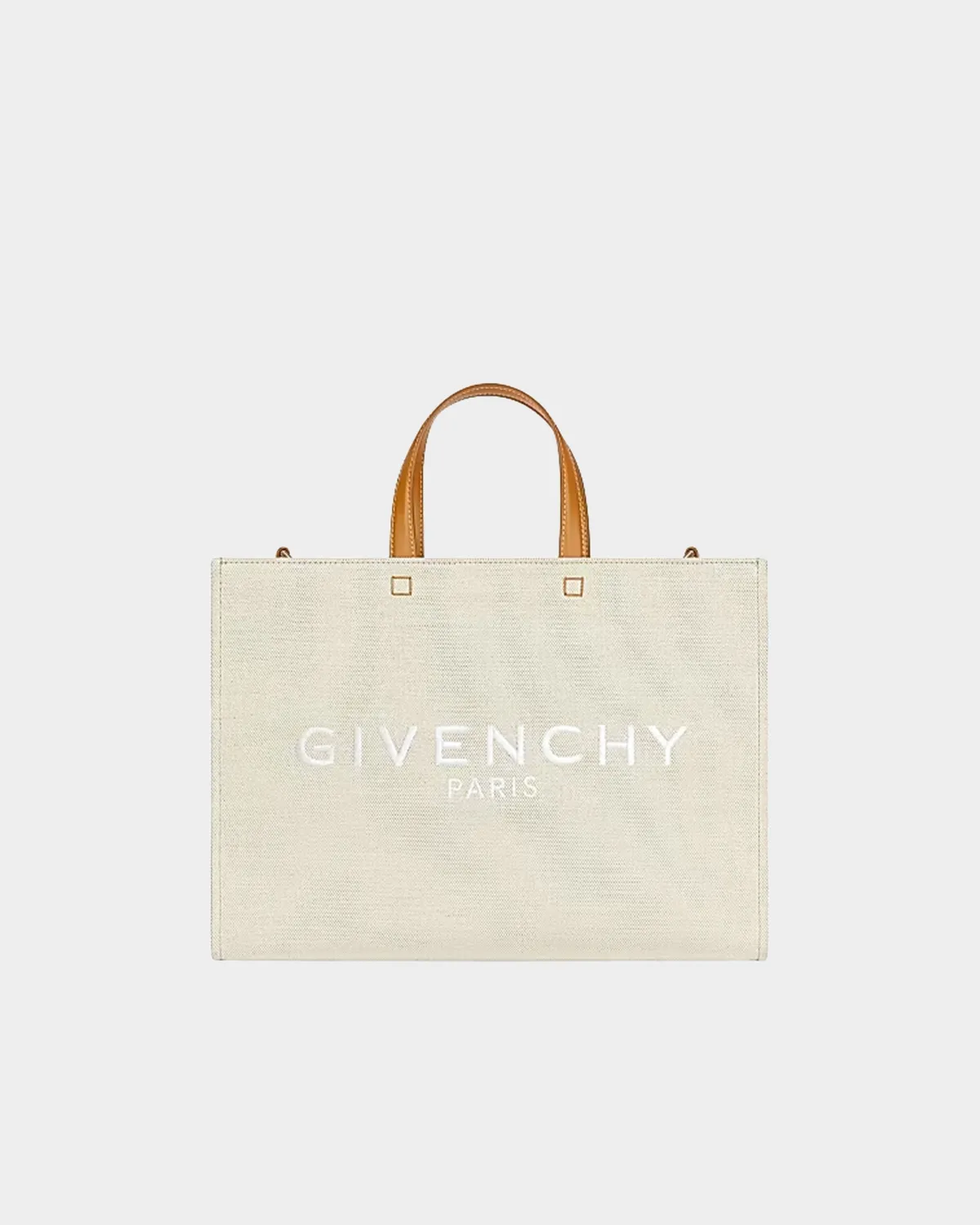 Signature Box Shopper Medium tote in beige canvas with black logo front view