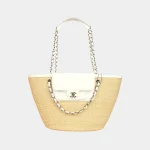 Signature Chain Shopper Tote Deauville style in grained black leather front view