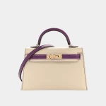 Signature Custom Top Handle 25 HSS style in Craie and Rose Pourpre leather front view