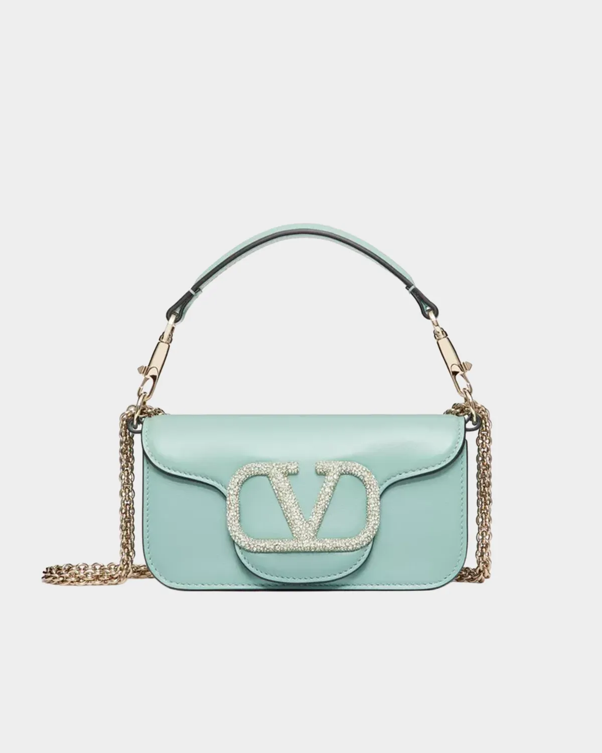 Signature Elongated Shoulder Bag Small in green smooth leather with jeweled logo front view