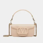 Signature Elongated Shoulder Bag Small Locò style in neutral beige leather front view