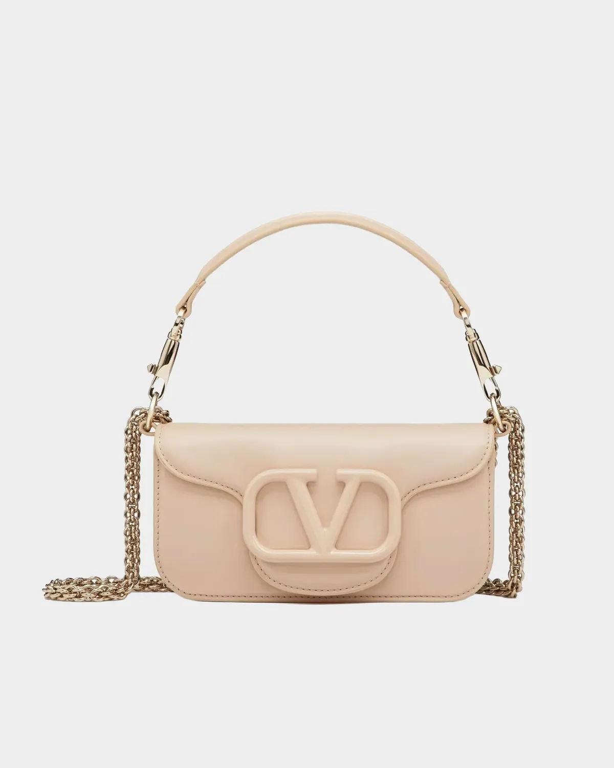 Signature Elongated Shoulder Bag Small Locò style in neutral beige leather front view