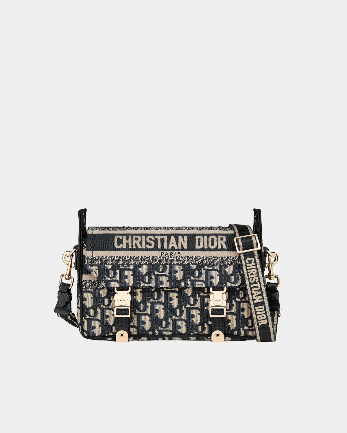 Signature Embroidered Messenger Small bag in blue oblique jacquard front view