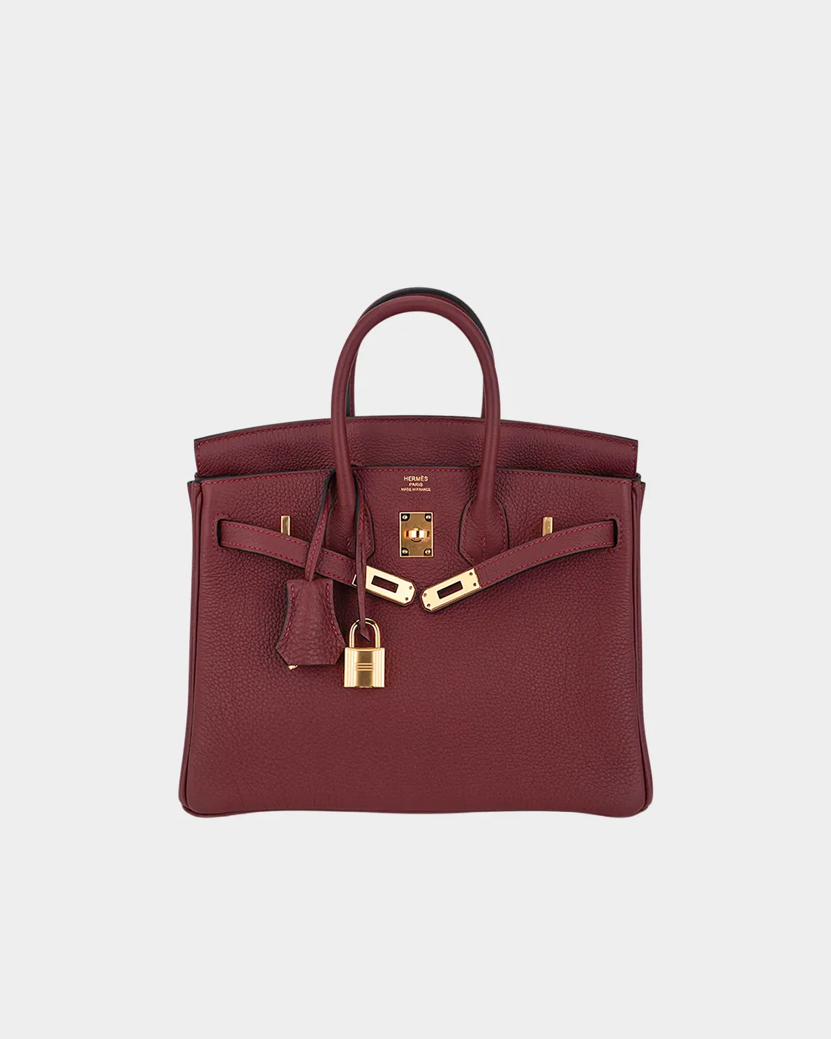 Signature Iconic Tote 25 Birkin style in Rouge H burgundy leather front view
