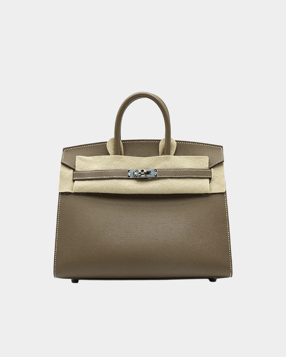 Signature Iconic Tote 25 Birkin style in Etoupe taupe leather front view