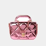 Signature Mini Top Handle Flap bag in mirror metallic silver leather front view