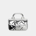 Signature Mirror Vanity Chain Clutch in silver metallic leather front view