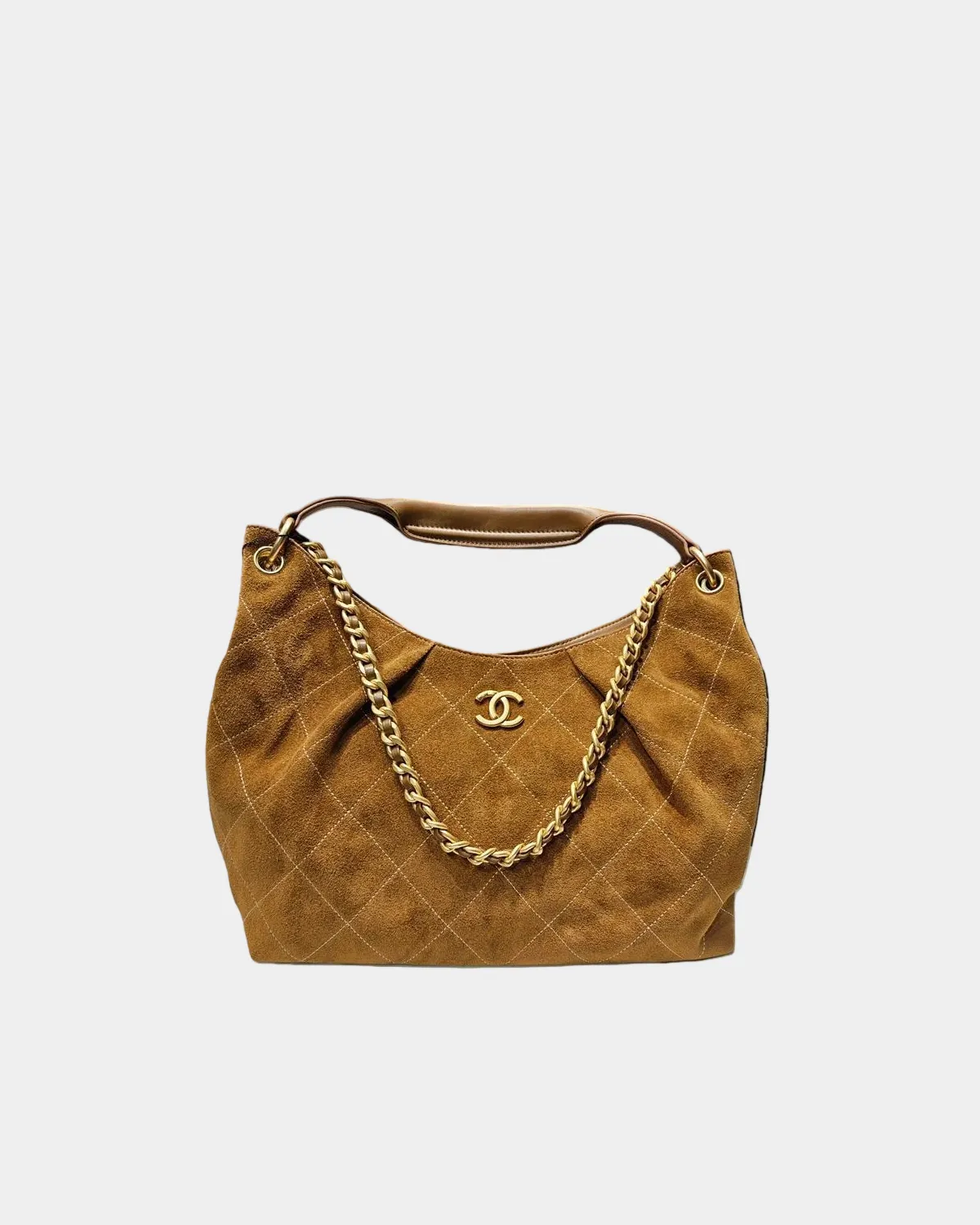 Signature Maxi Hobo Bag in brown suede and lambskin front view