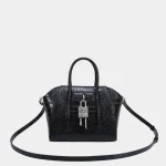 Signature Padlock Tote Mini in black box leather with silver hardware front view