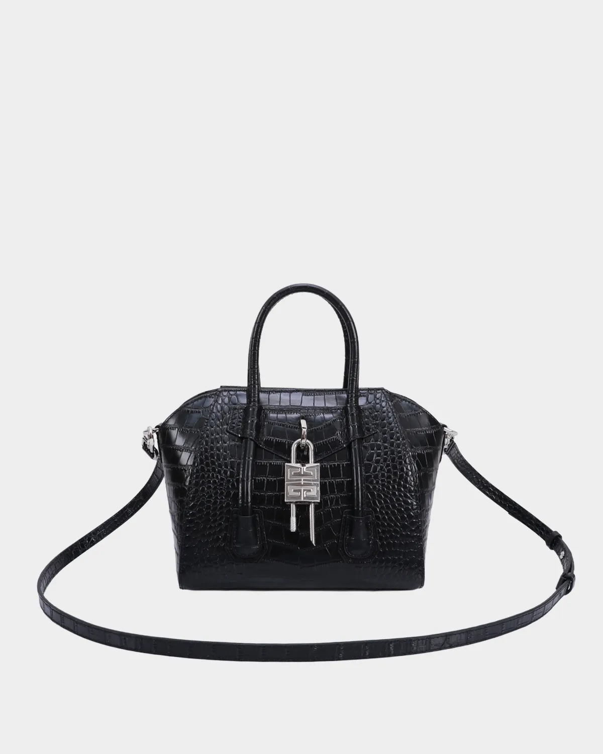 Signature Padlock Tote Mini in black box leather with silver hardware front view
