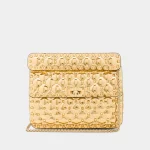 Signature Quilted Chain Bag Medium in metallic silver leather with studs front view