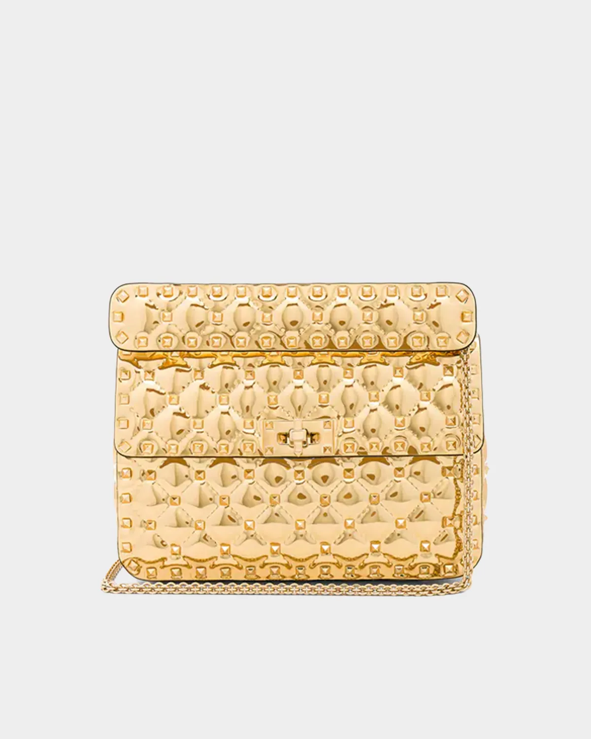 Signature Quilted Chain Bag Medium in metallic silver leather with studs front view