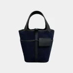 Signature Shearling Bucket Tote Picotin style in blue fur and leather front view