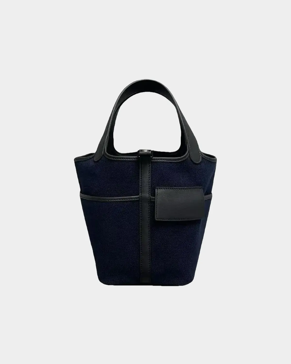 Signature Shearling Bucket Tote Picotin style in blue fur and leather front view