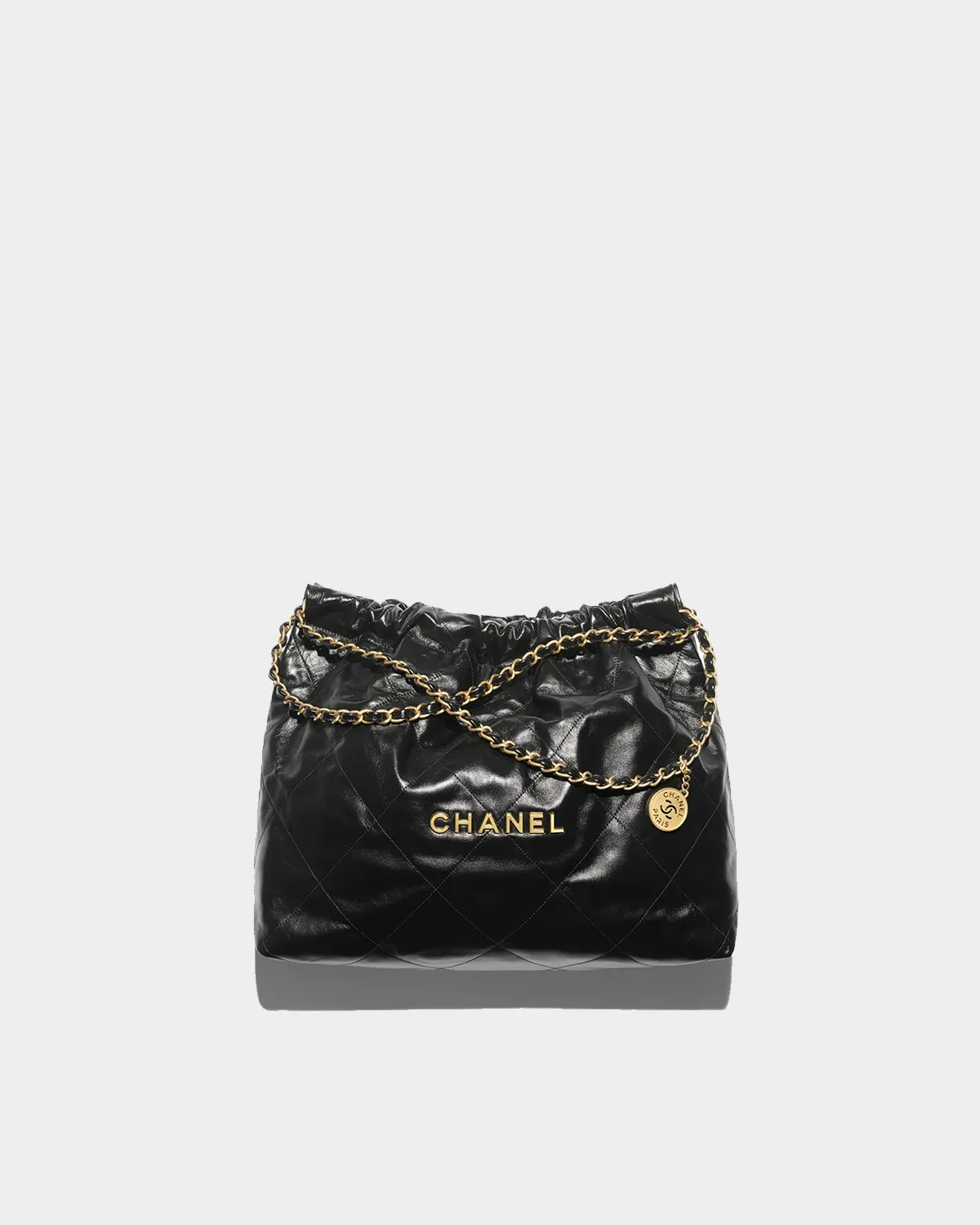 Signature Soft Drawstring Shopper Maxi in glossy black calfskin front view