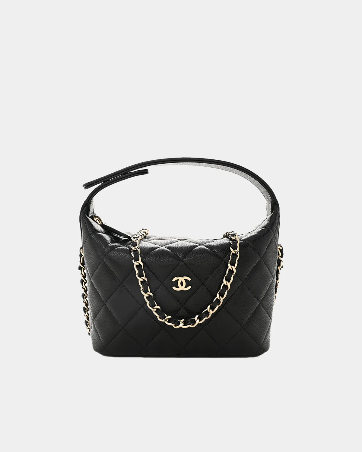 Signature Soft Hobo Clutch in black grained caviar leather front view