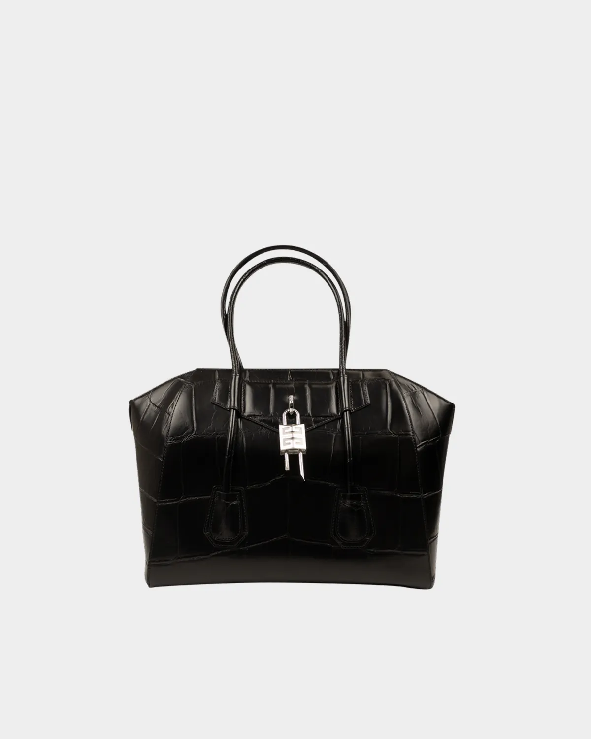 Signature Soft Lock Boston Bag Medium in black croc embossed leather front view