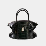 Signature Padlock Tote Mini in black box leather with silver hardware front view