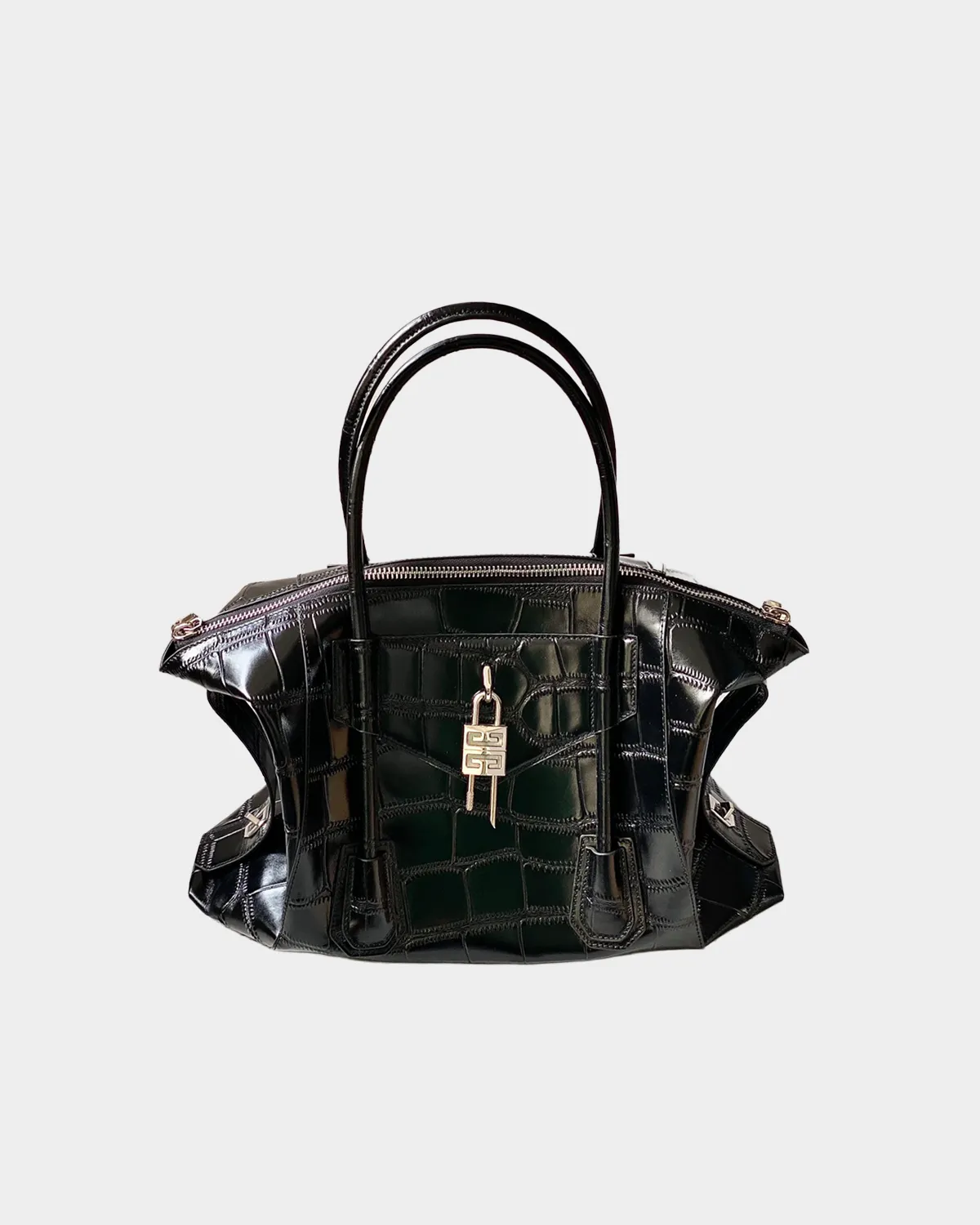 Signature Padlock Tote Mini in black box leather with silver hardware front view