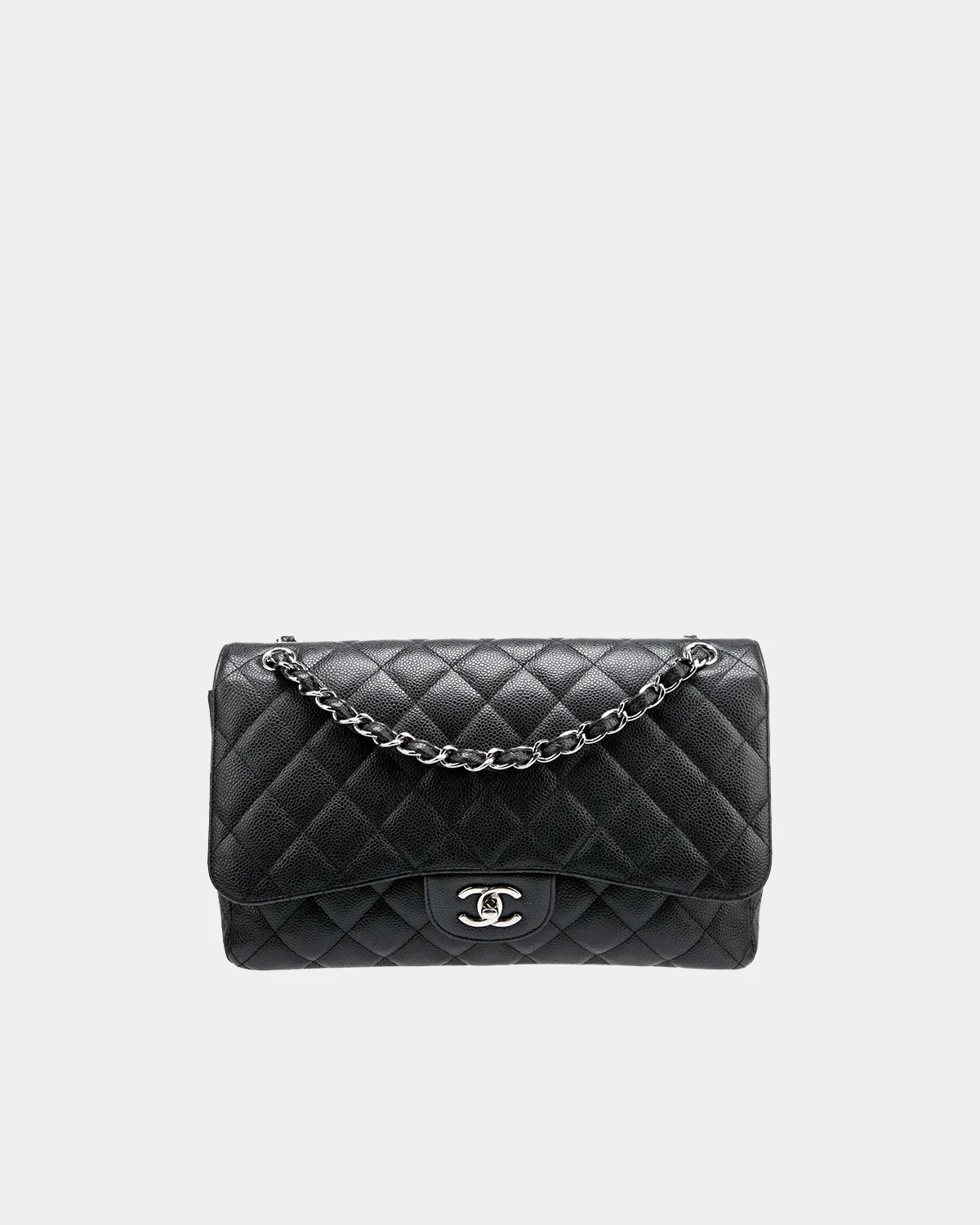 Signature Timeless Flap Bag Maxi size in black caviar leather front view