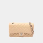 Signature Timeless Flap Bag Medium in beige grained caviar leather front view