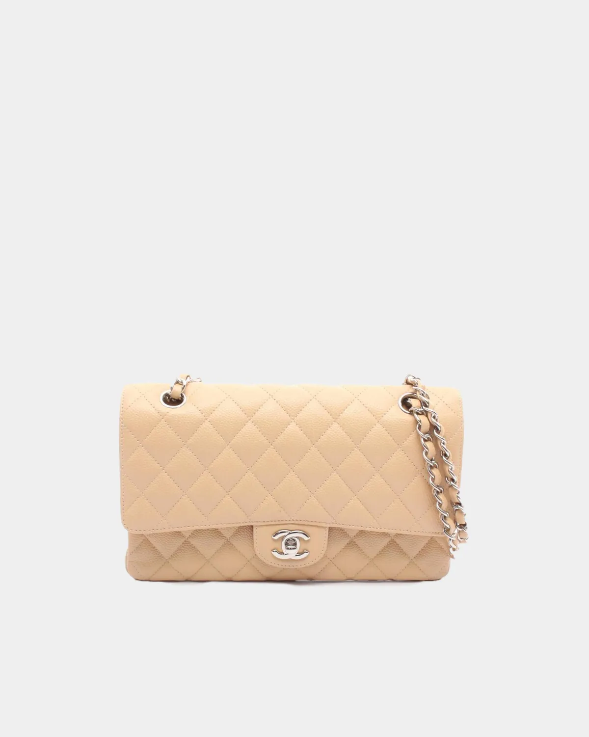 Signature Timeless Flap Bag Medium in beige grained caviar leather front view