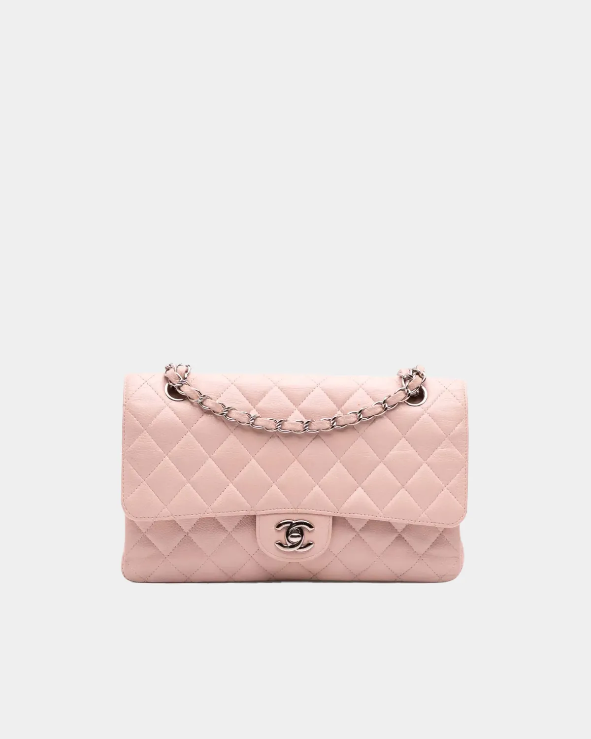 Signature Timeless Flap Bag in soft pink lambskin with diamond quilting front view