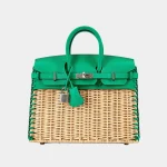 Signature Woven Wicker Tote 25 Picnic style in mint green leather front view