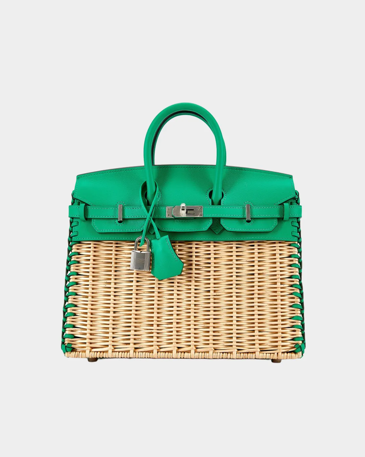 Signature Woven Wicker Tote 25 Picnic style in mint green leather front view